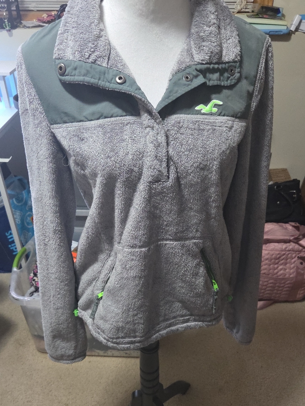 Hollister Gray Fleece Pullover with Neon Green Logo